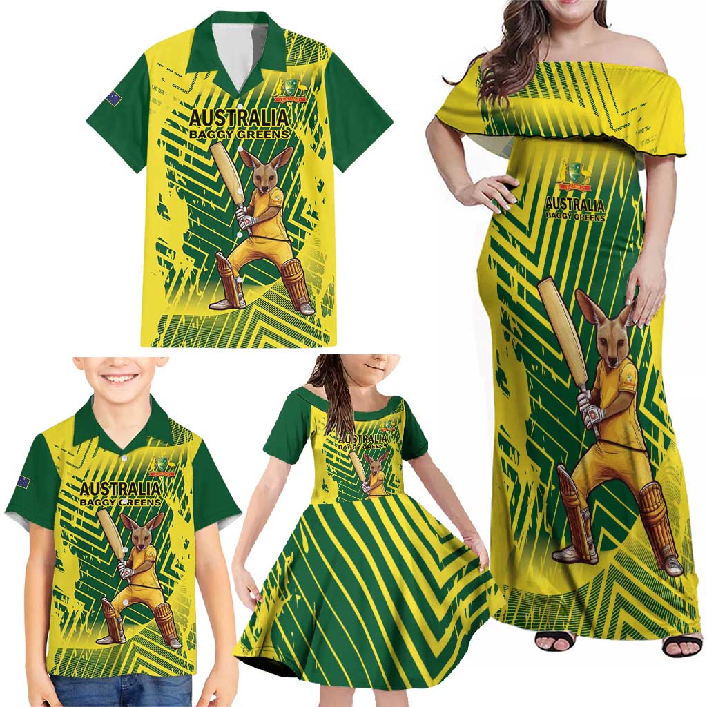 Custom Australia Cricket Family Matching Off Shoulder Maxi Dress and Hawaiian Shirt Aussie Baggy Greens - Kangaroo Mascot Style