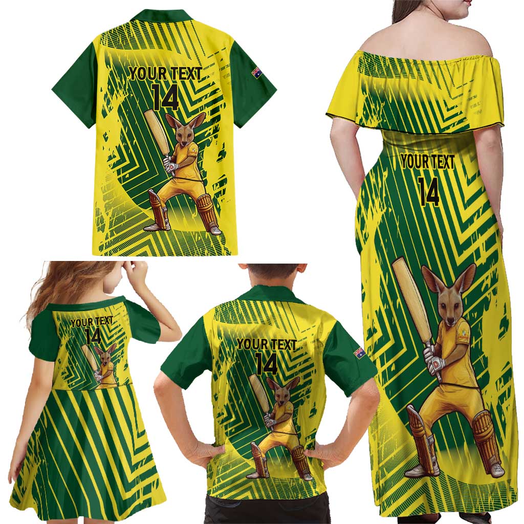 Custom Australia Cricket Family Matching Off Shoulder Maxi Dress and Hawaiian Shirt Aussie Baggy Greens - Kangaroo Mascot Style