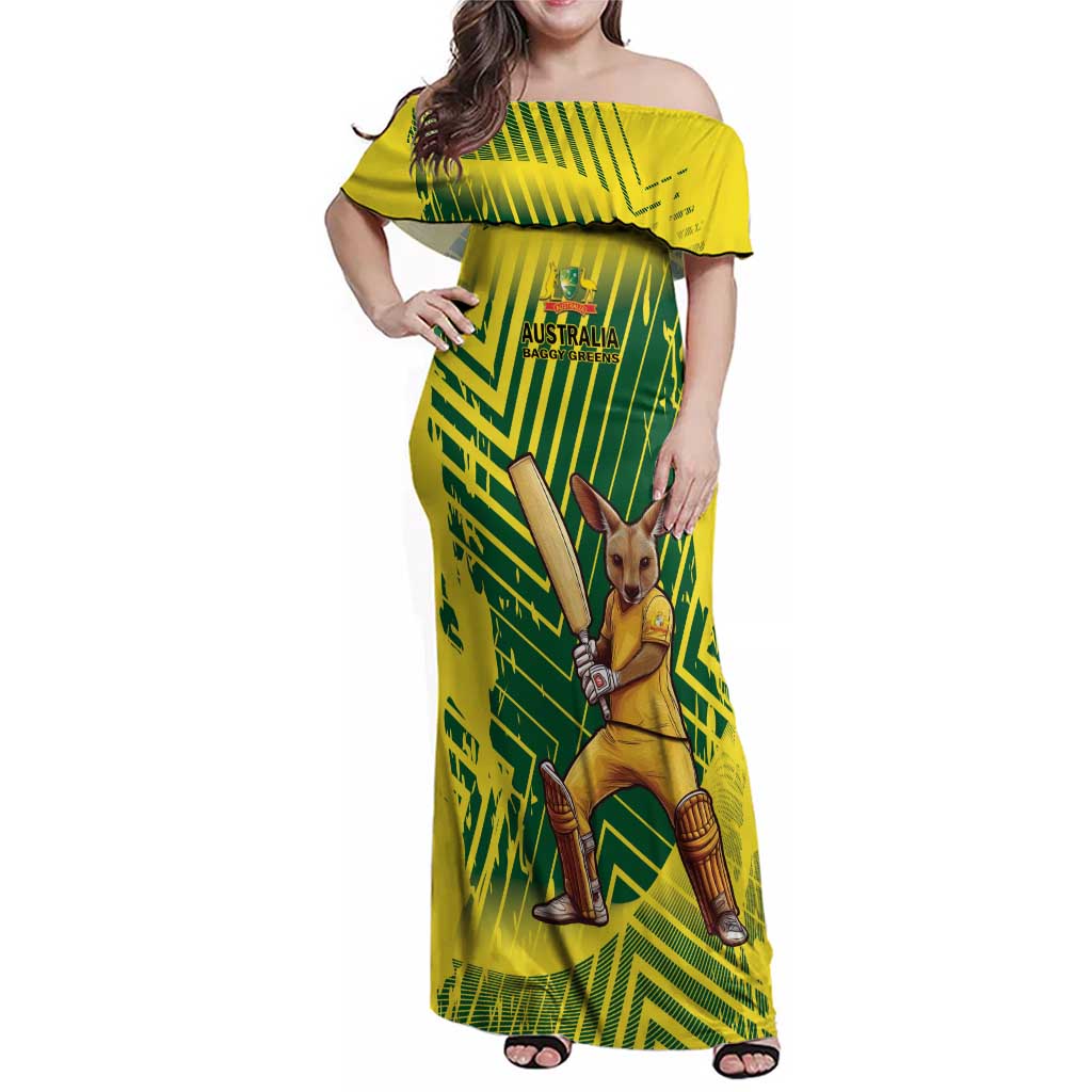 Custom Australia Cricket Family Matching Off Shoulder Maxi Dress and Hawaiian Shirt Aussie Baggy Greens - Kangaroo Mascot Style