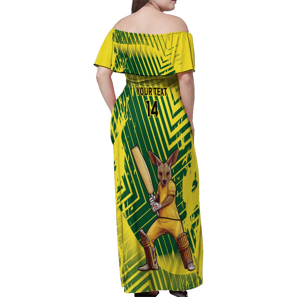 Custom Australia Cricket Family Matching Off Shoulder Maxi Dress and Hawaiian Shirt Aussie Baggy Greens - Kangaroo Mascot Style