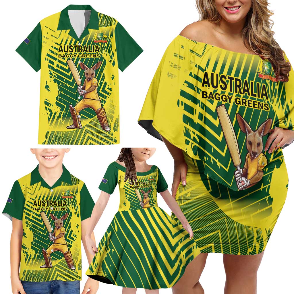 Custom Australia Cricket Family Matching Off Shoulder Short Dress and Hawaiian Shirt Aussie Baggy Greens - Kangaroo Mascot Style