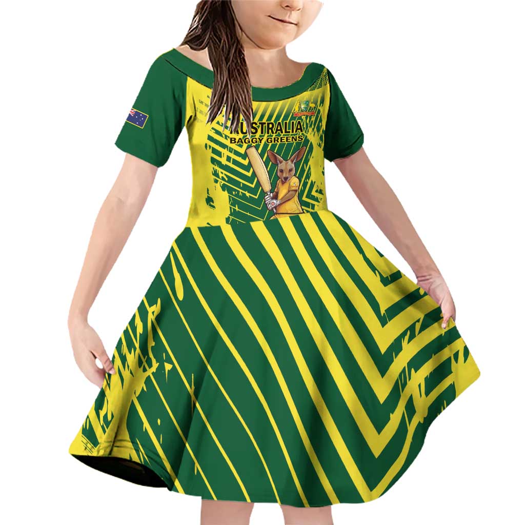 Custom Australia Cricket Family Matching Off Shoulder Short Dress and Hawaiian Shirt Aussie Baggy Greens - Kangaroo Mascot Style