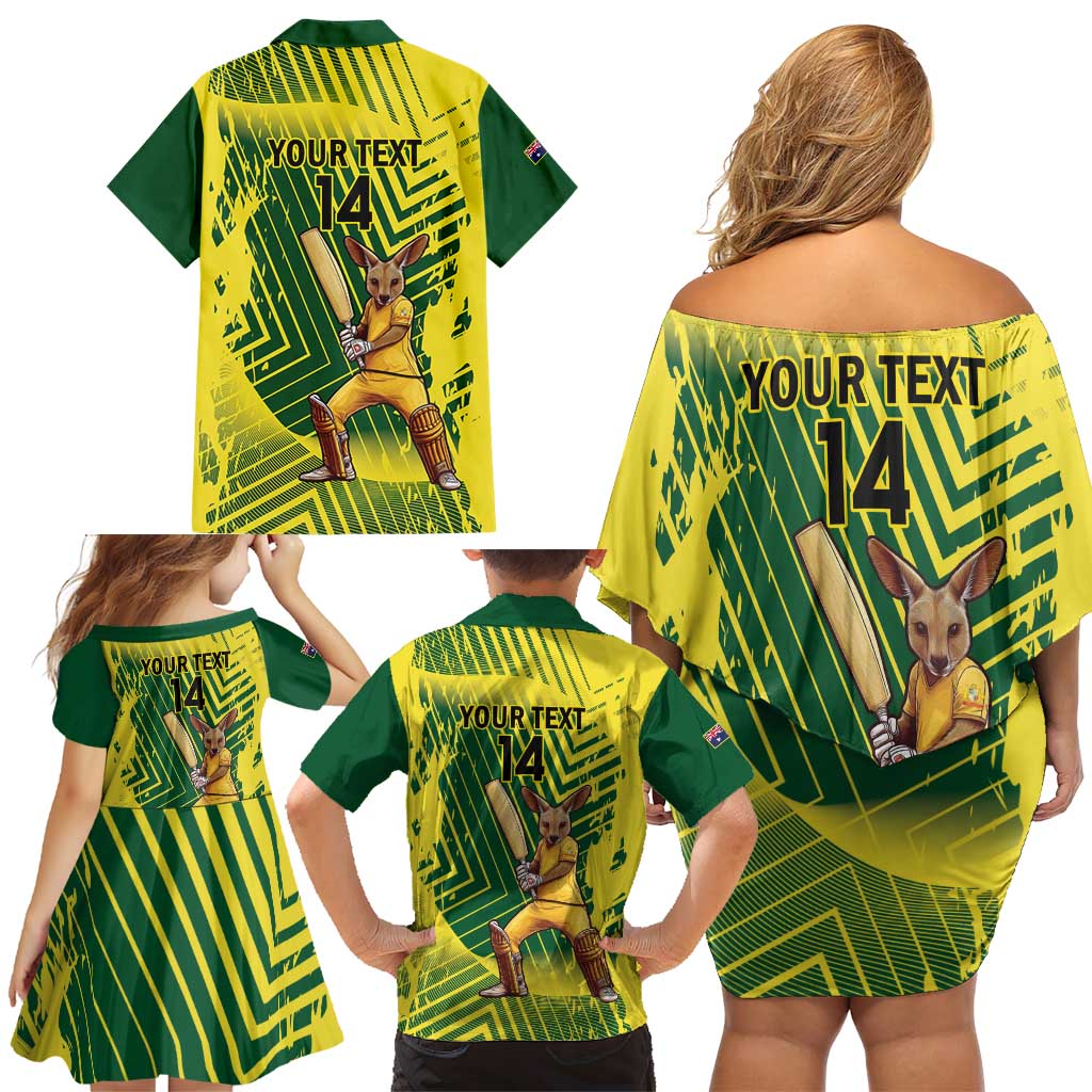 Custom Australia Cricket Family Matching Off Shoulder Short Dress and Hawaiian Shirt Aussie Baggy Greens - Kangaroo Mascot Style