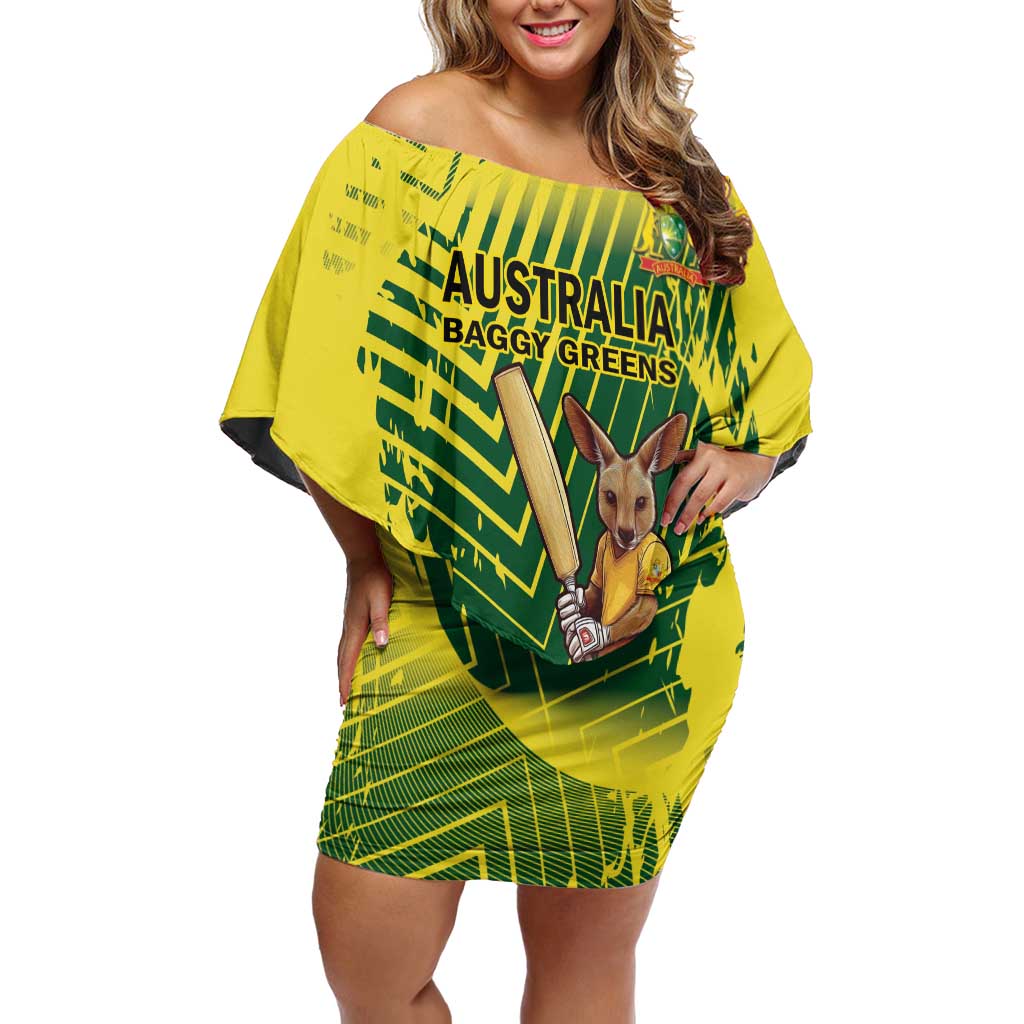 Custom Australia Cricket Family Matching Off Shoulder Short Dress and Hawaiian Shirt Aussie Baggy Greens - Kangaroo Mascot Style