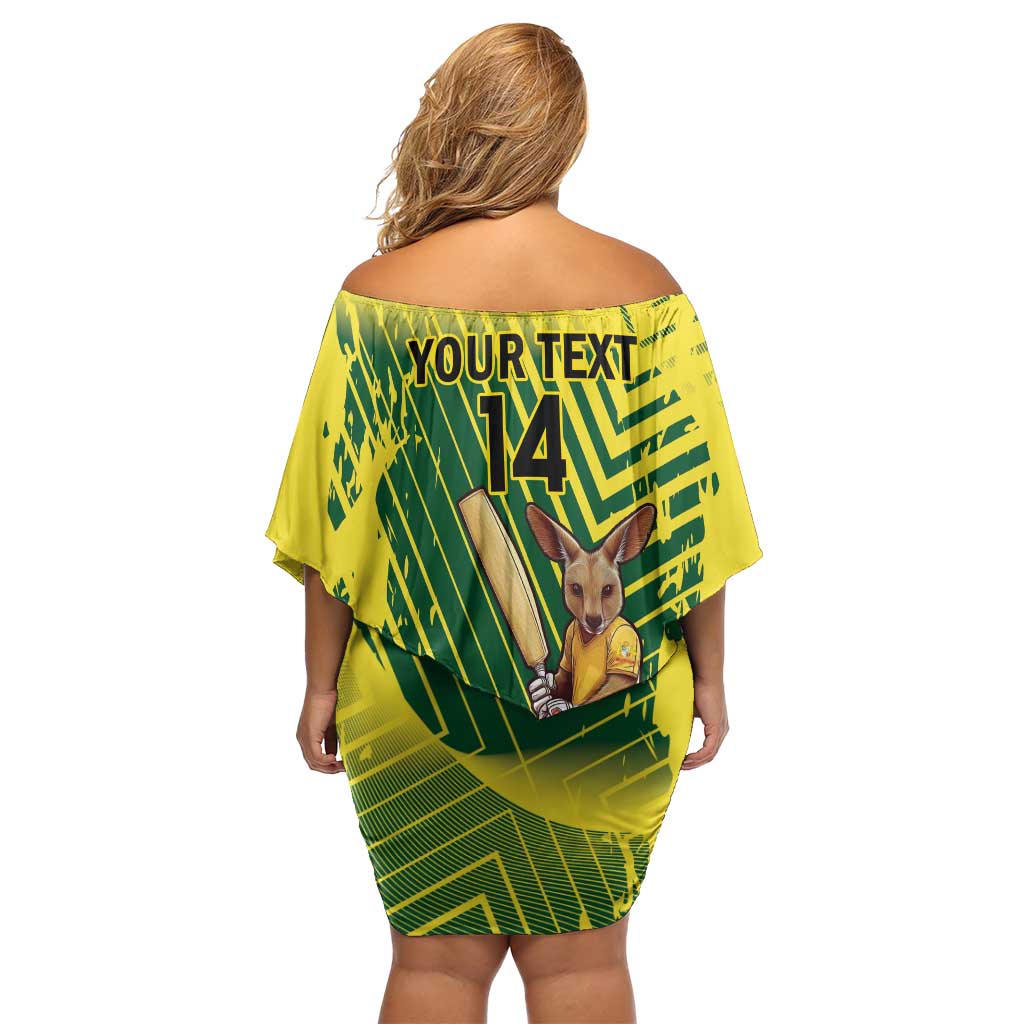 Custom Australia Cricket Family Matching Off Shoulder Short Dress and Hawaiian Shirt Aussie Baggy Greens - Kangaroo Mascot Style