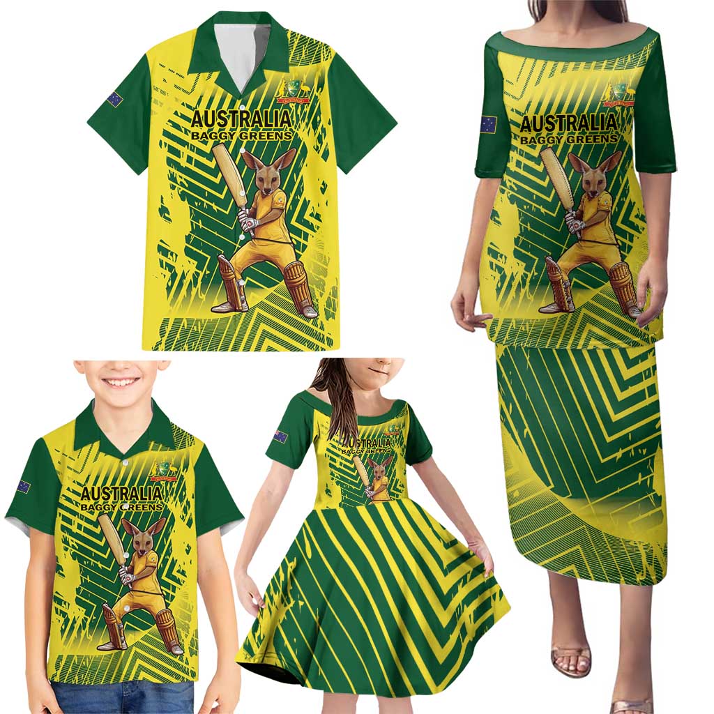 Custom Australia Cricket Family Matching Puletasi and Hawaiian Shirt Aussie Baggy Greens - Kangaroo Mascot Style