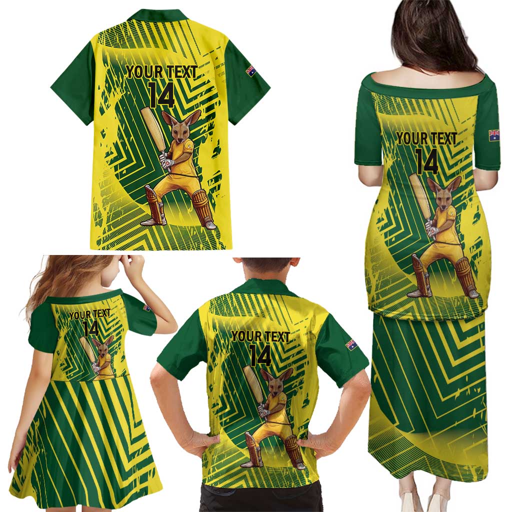 Custom Australia Cricket Family Matching Puletasi and Hawaiian Shirt Aussie Baggy Greens - Kangaroo Mascot Style