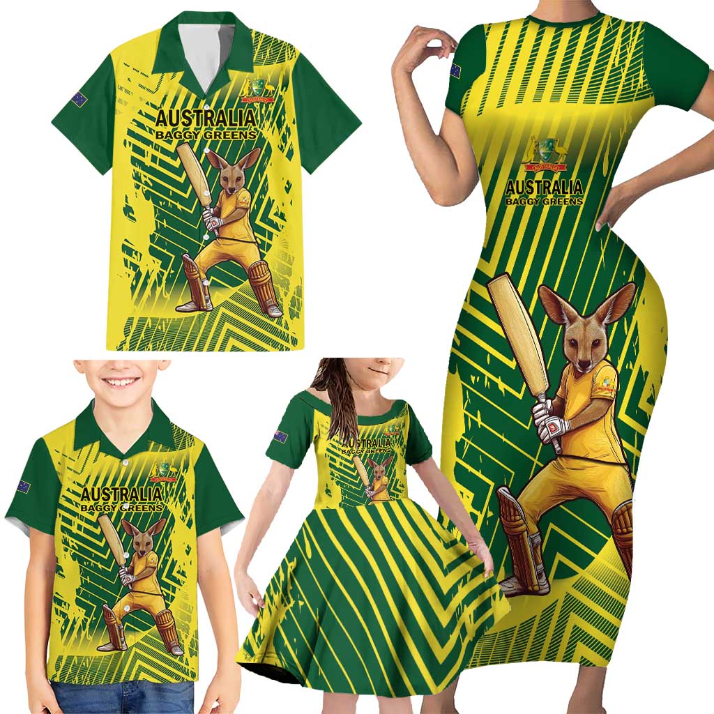 Custom Australia Cricket Family Matching Short Sleeve Bodycon Dress and Hawaiian Shirt Aussie Baggy Greens - Kangaroo Mascot Style