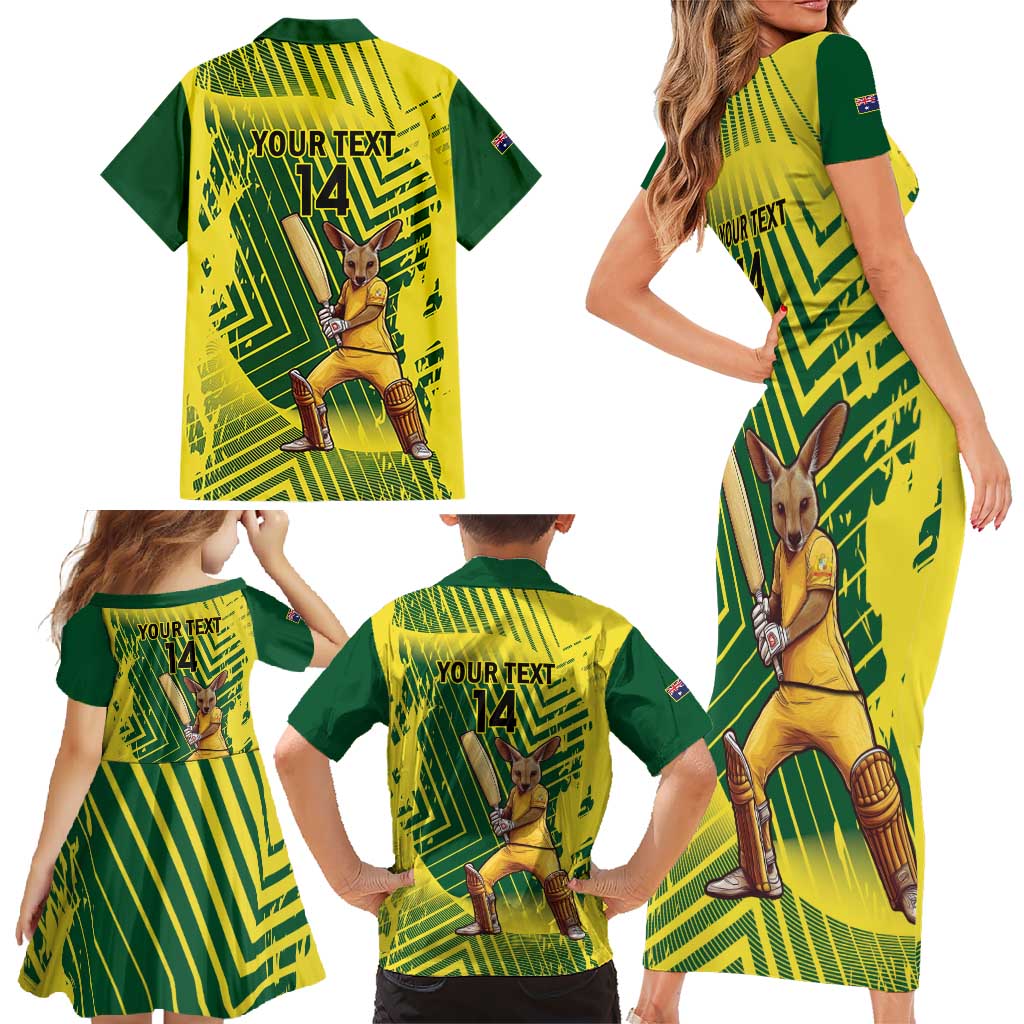 Custom Australia Cricket Family Matching Short Sleeve Bodycon Dress and Hawaiian Shirt Aussie Baggy Greens - Kangaroo Mascot Style