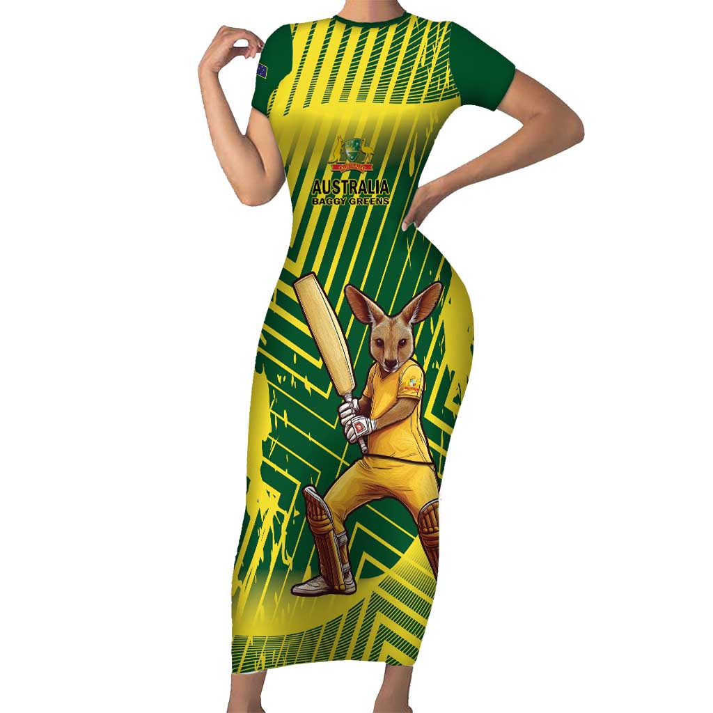 Custom Australia Cricket Family Matching Short Sleeve Bodycon Dress and Hawaiian Shirt Aussie Baggy Greens - Kangaroo Mascot Style