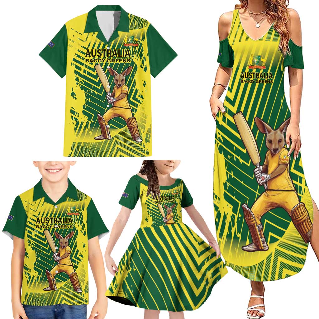 Custom Australia Cricket Family Matching Summer Maxi Dress and Hawaiian Shirt Aussie Baggy Greens - Kangaroo Mascot Style