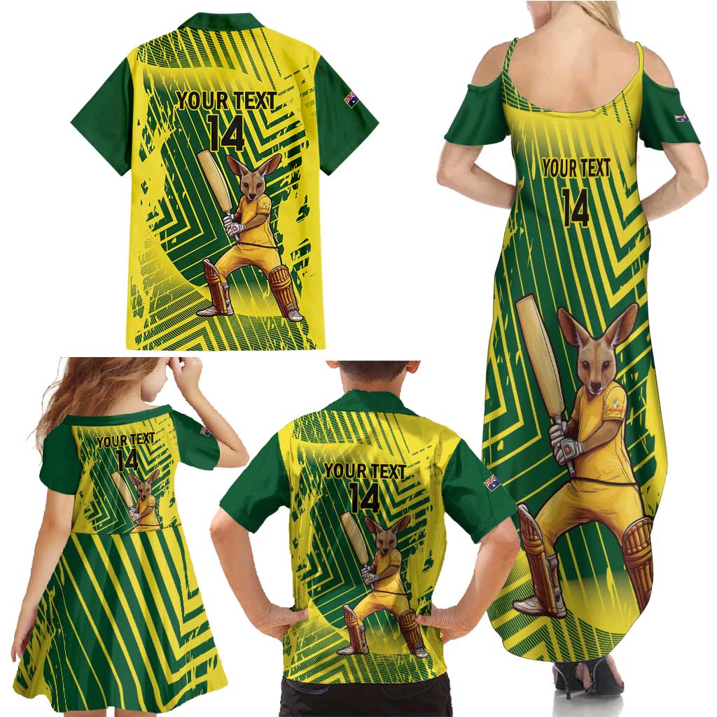 Custom Australia Cricket Family Matching Summer Maxi Dress and Hawaiian Shirt Aussie Baggy Greens - Kangaroo Mascot Style