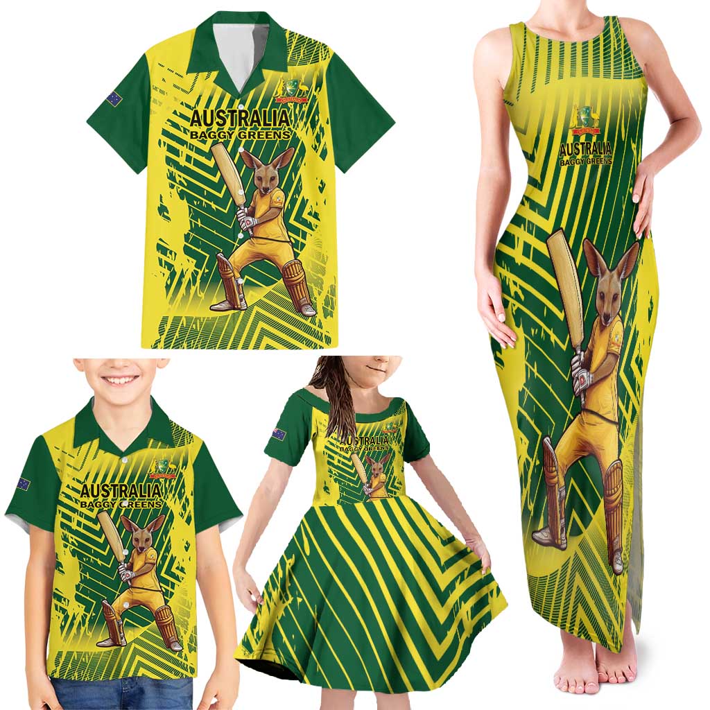 Custom Australia Cricket Family Matching Tank Maxi Dress and Hawaiian Shirt Aussie Baggy Greens - Kangaroo Mascot Style