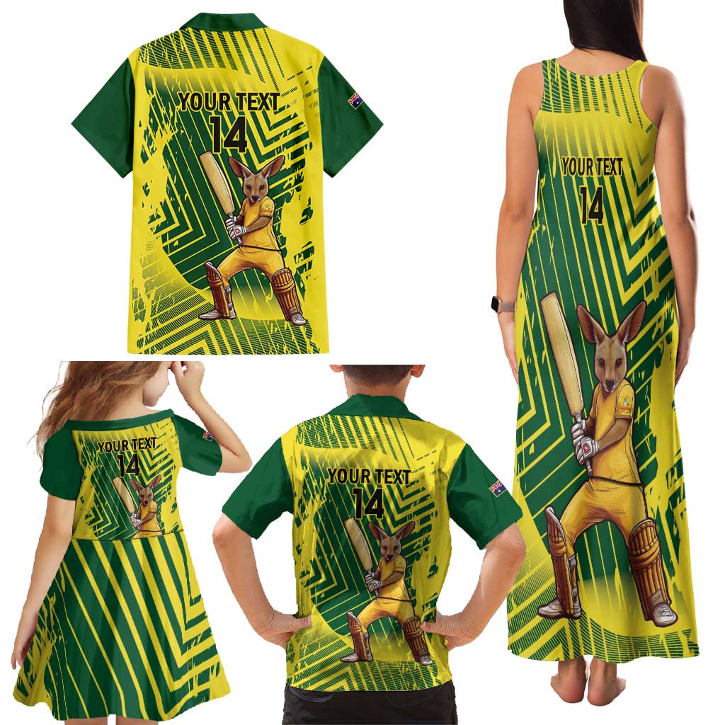 Custom Australia Cricket Family Matching Tank Maxi Dress and Hawaiian Shirt Aussie Baggy Greens - Kangaroo Mascot Style