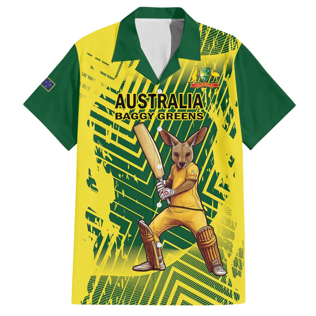 Custom Australia Cricket Hawaiian Shirt Aussie Baggy Greens - Kangaroo Mascot Style - Vibe Hoodie Shop