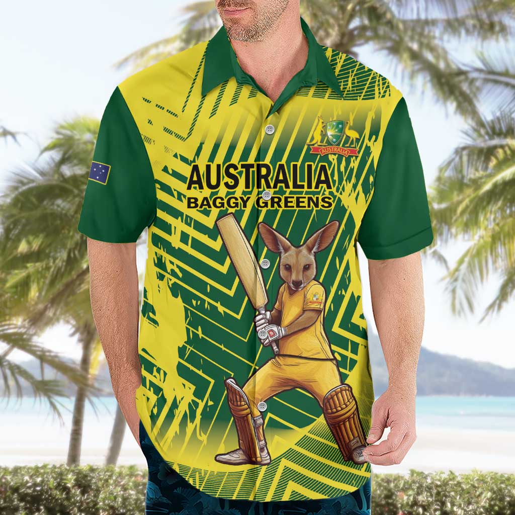 Custom Australia Cricket Hawaiian Shirt Aussie Baggy Greens - Kangaroo Mascot Style - Vibe Hoodie Shop