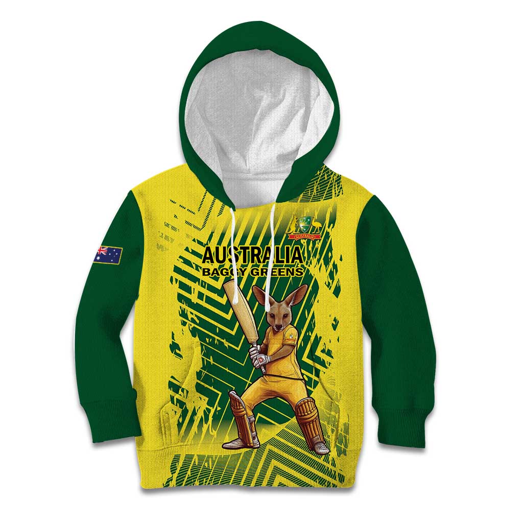 Custom Australia Cricket Kid Hoodie Aussie Baggy Greens - Kangaroo Mascot Style - Vibe Hoodie Shop