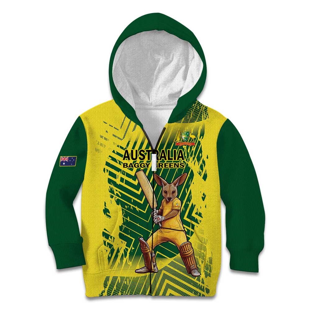 Custom Australia Cricket Kid Hoodie Aussie Baggy Greens - Kangaroo Mascot Style - Vibe Hoodie Shop