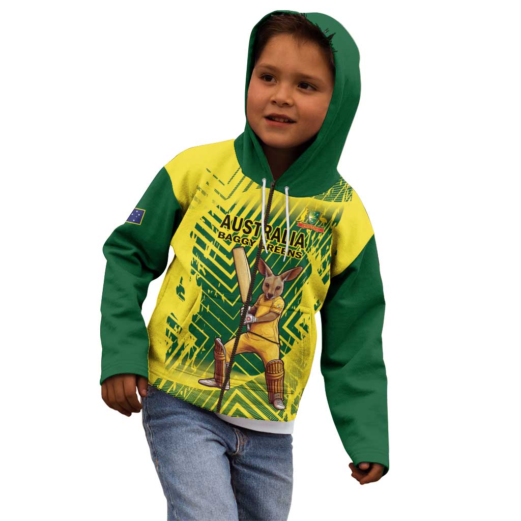 Custom Australia Cricket Kid Hoodie Aussie Baggy Greens - Kangaroo Mascot Style - Vibe Hoodie Shop