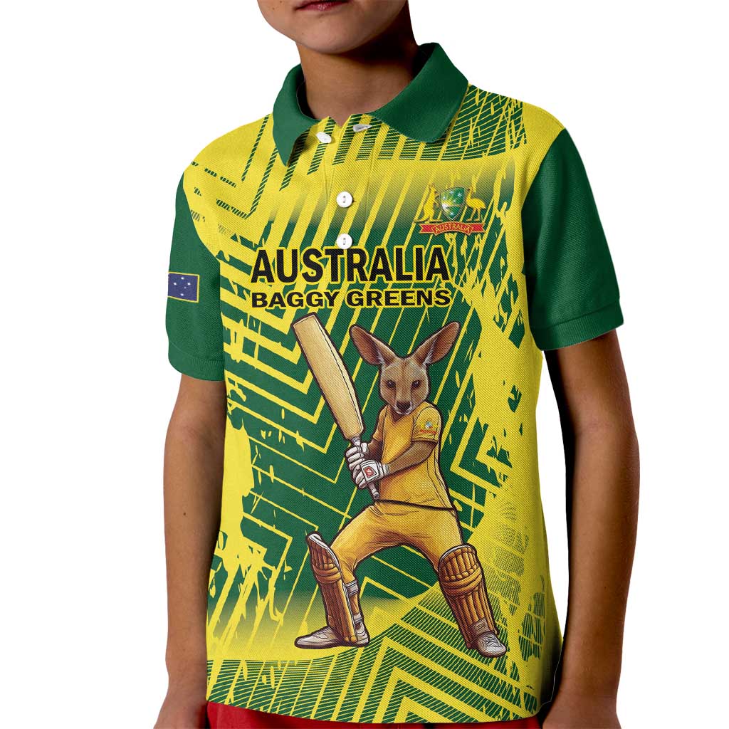 Custom Australia Cricket Kid Polo Shirt Aussie Baggy Greens - Kangaroo Mascot Style - Vibe Hoodie Shop