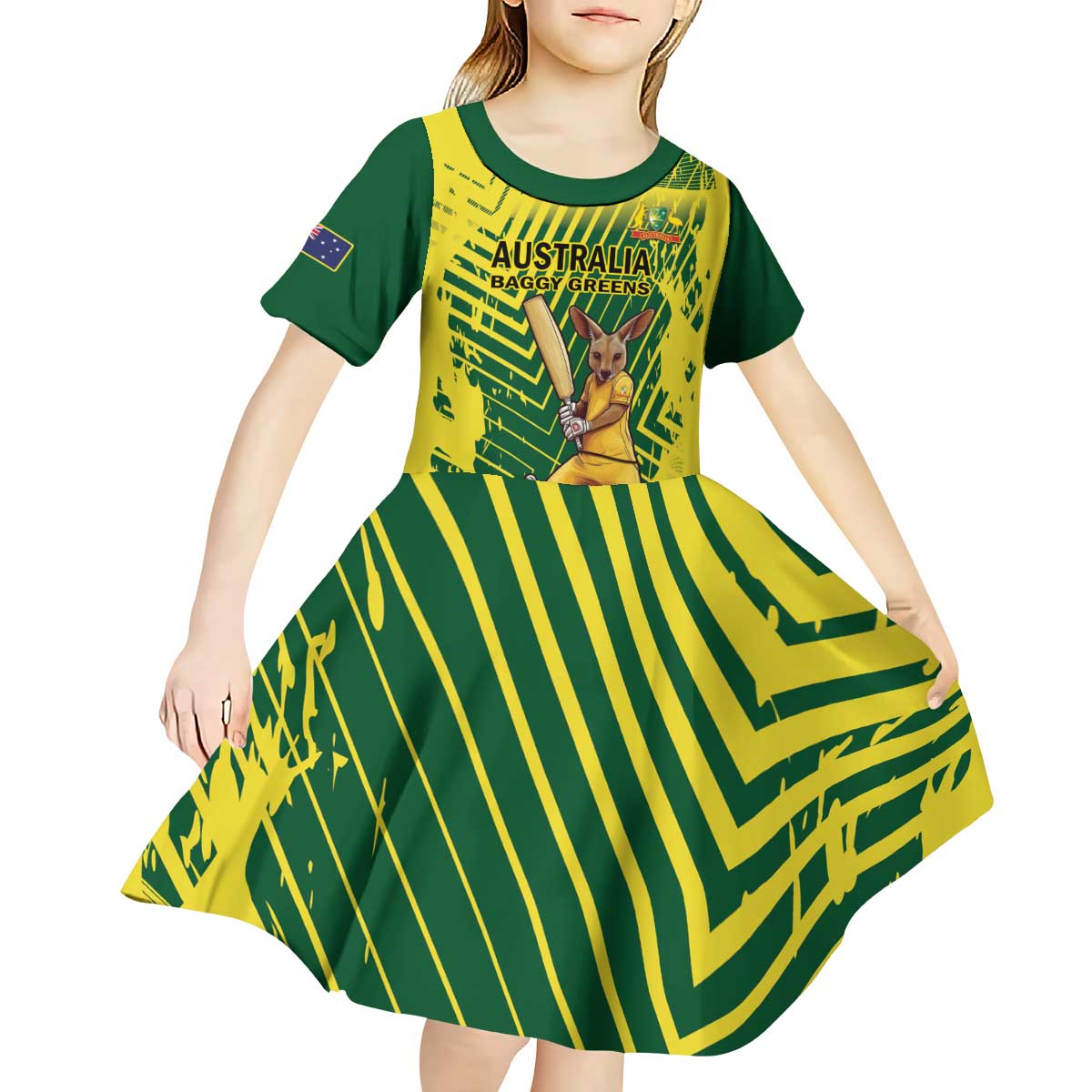 Custom Australia Cricket Kid Short Sleeve Dress Aussie Baggy Greens - Kangaroo Mascot Style - Vibe Hoodie Shop