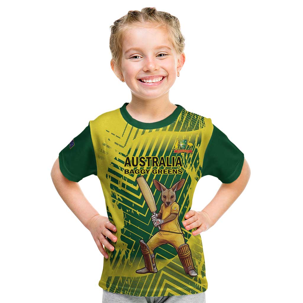 Custom Australia Cricket Kid T Shirt Aussie Baggy Greens - Kangaroo Mascot Style - Vibe Hoodie Shop