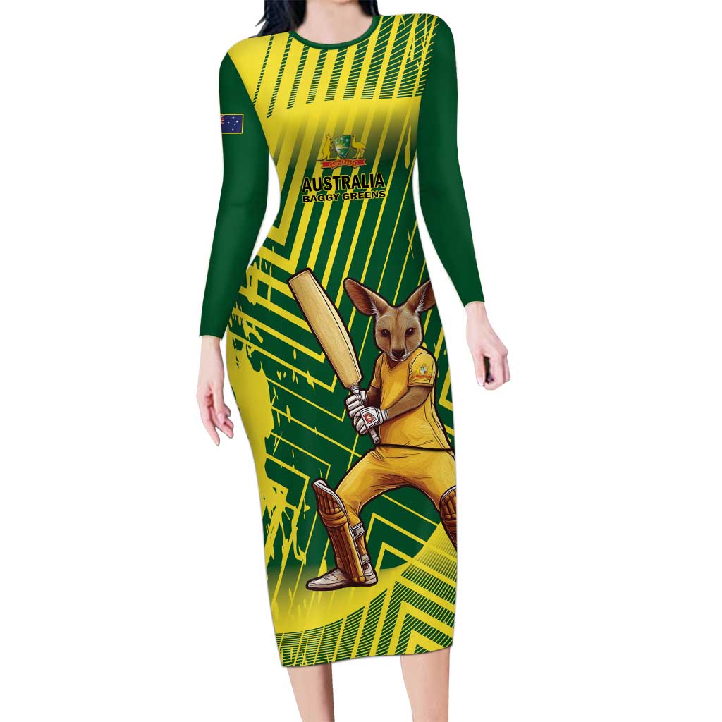 Custom Australia Cricket Long Sleeve Bodycon Dress Aussie Baggy Greens - Kangaroo Mascot Style