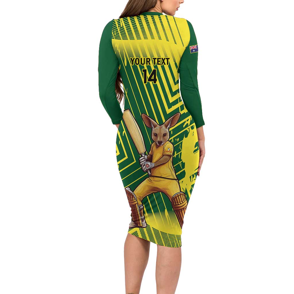 Custom Australia Cricket Long Sleeve Bodycon Dress Aussie Baggy Greens - Kangaroo Mascot Style