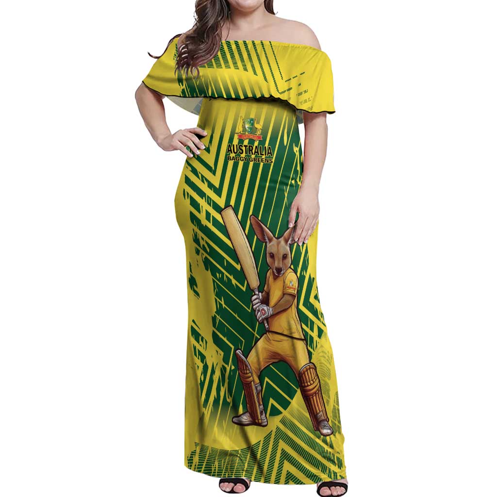 Custom Australia Cricket Off Shoulder Maxi Dress Aussie Baggy Greens - Kangaroo Mascot Style