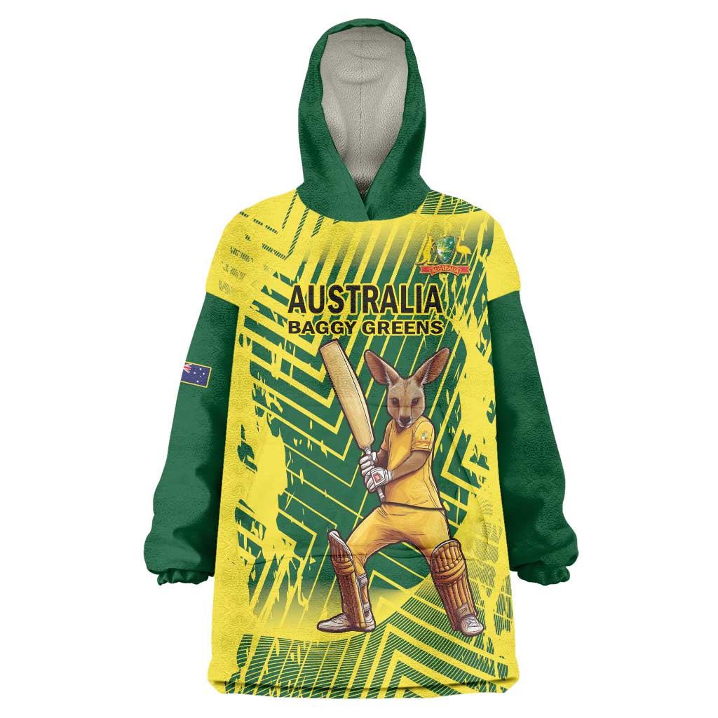 Custom Australia Cricket Wearable Blanket Hoodie Aussie Baggy Greens - Kangaroo Mascot Style - Vibe Hoodie Shop