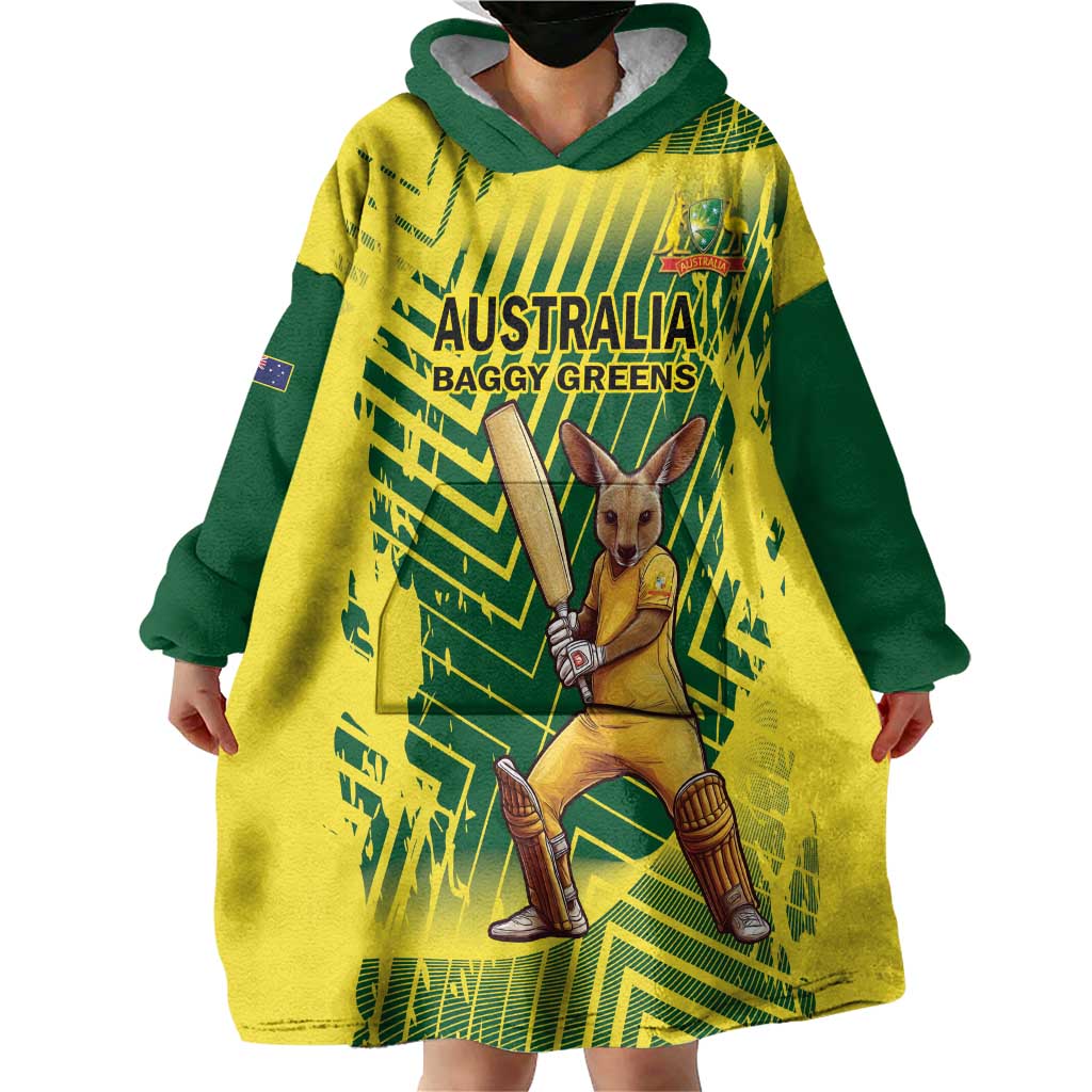 Custom Australia Cricket Wearable Blanket Hoodie Aussie Baggy Greens - Kangaroo Mascot Style - Vibe Hoodie Shop