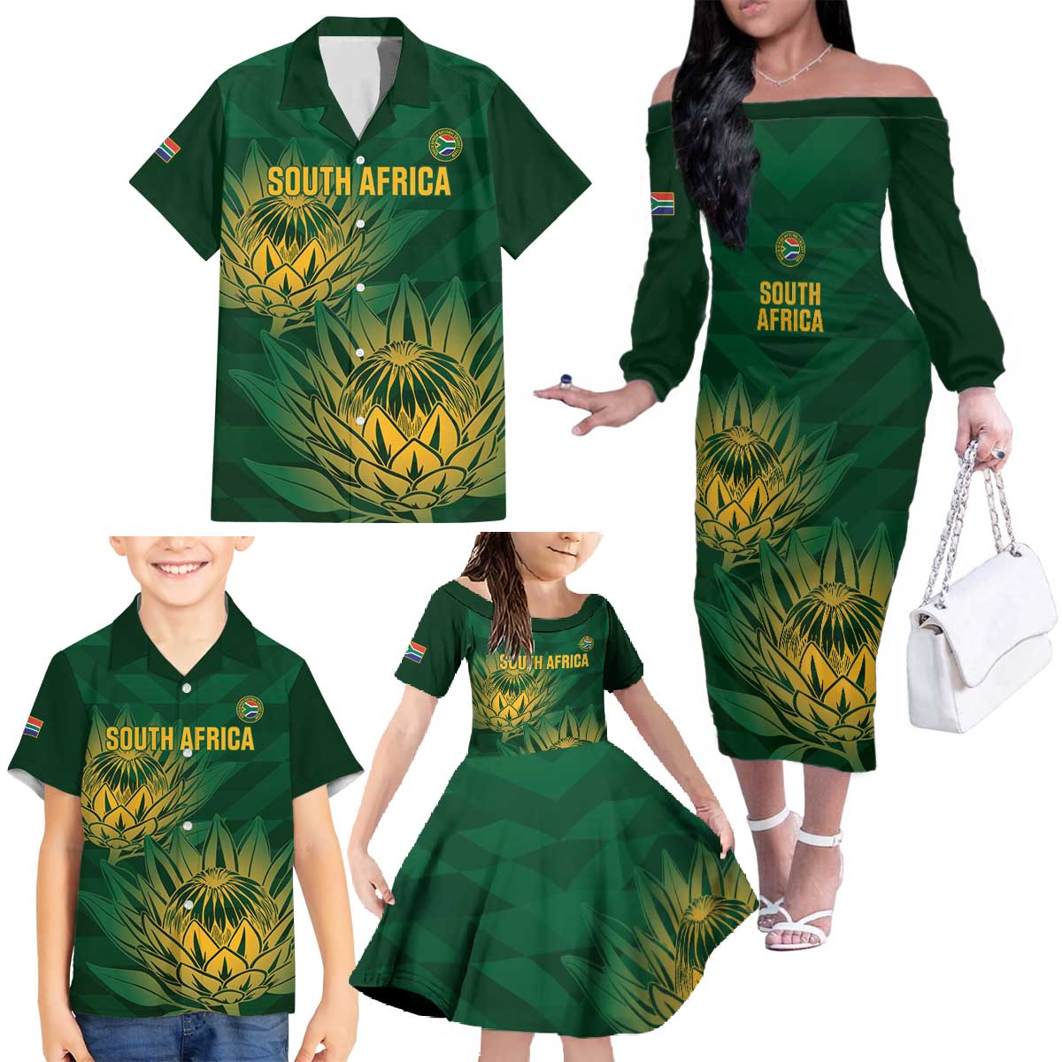 Custom South Africa Cricket Family Matching Off The Shoulder Long Sleeve Dress and Hawaiian Shirt Go Champions Proteas