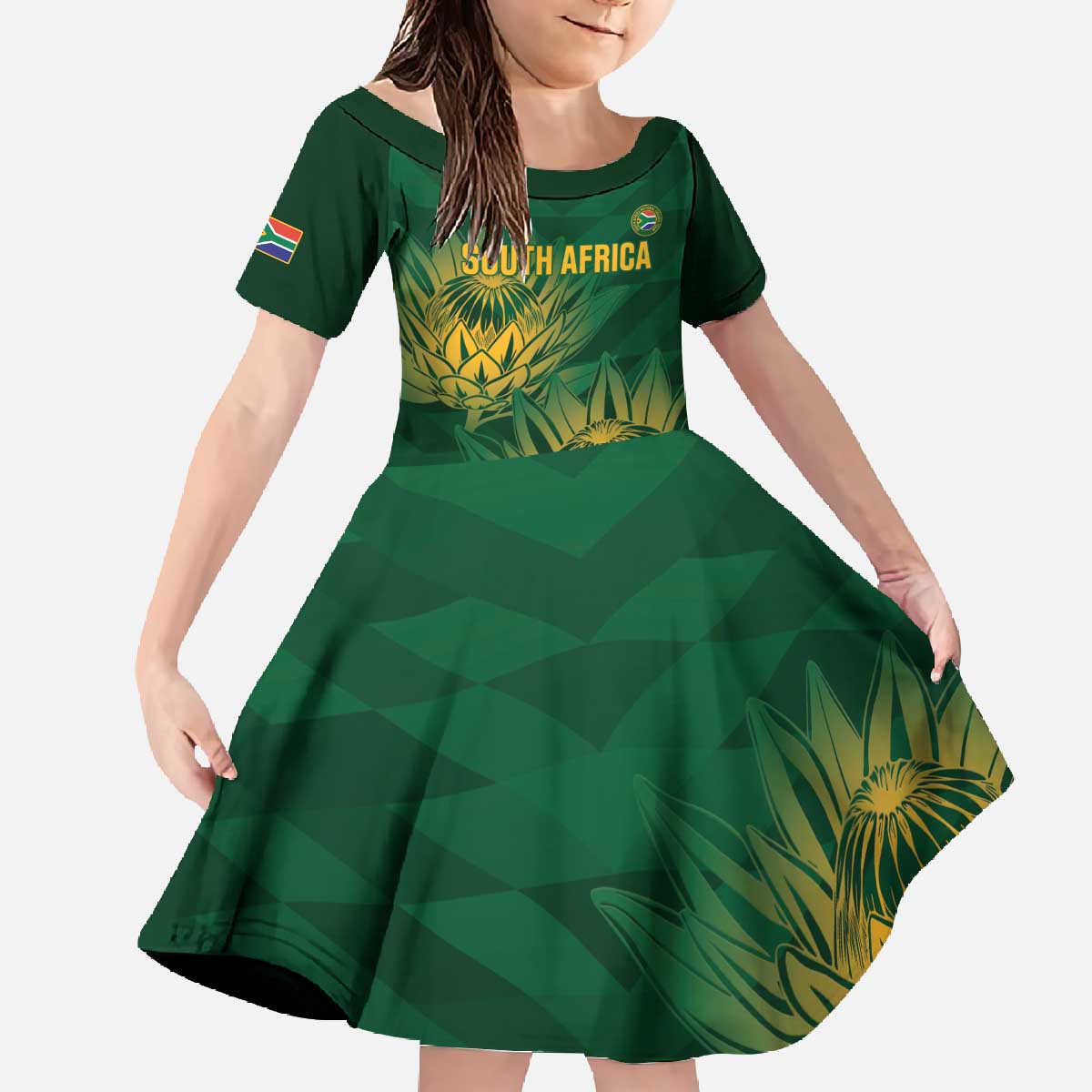 Custom South Africa Cricket Family Matching Off The Shoulder Long Sleeve Dress and Hawaiian Shirt Go Champions Proteas