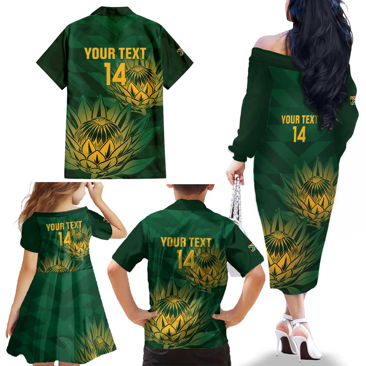 Custom South Africa Cricket Family Matching Off The Shoulder Long Sleeve Dress and Hawaiian Shirt Go Champions Proteas