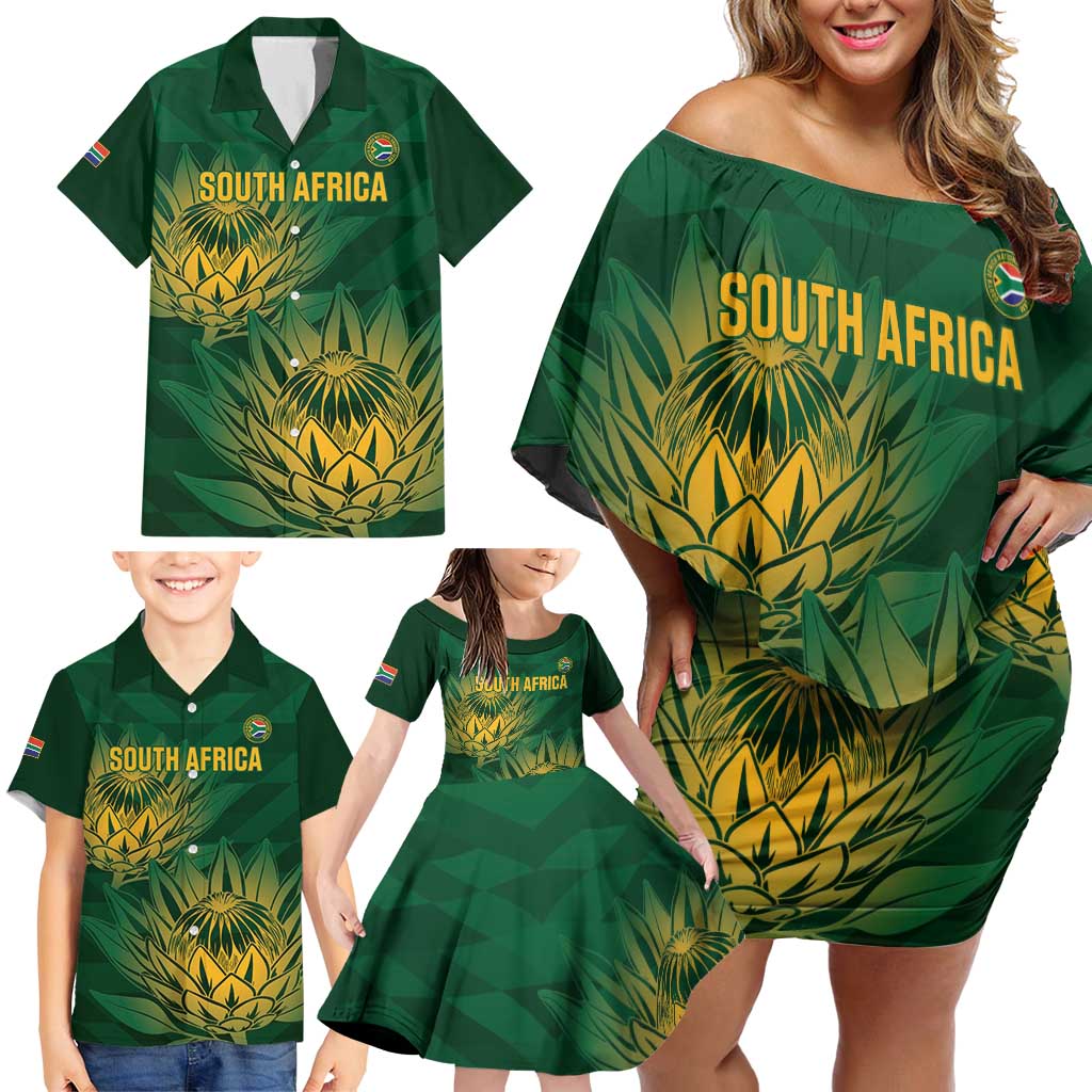 Custom South Africa Cricket Family Matching Off Shoulder Short Dress and Hawaiian Shirt Go Champions Proteas