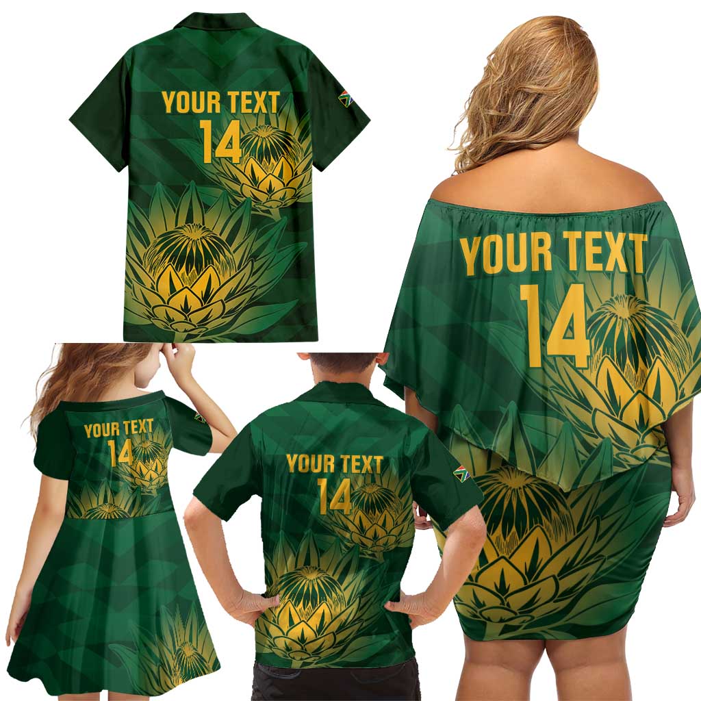 Custom South Africa Cricket Family Matching Off Shoulder Short Dress and Hawaiian Shirt Go Champions Proteas