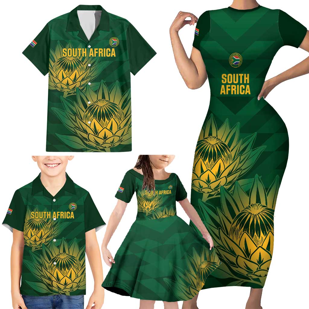 Custom South Africa Cricket Family Matching Short Sleeve Bodycon Dress and Hawaiian Shirt Go Champions Proteas