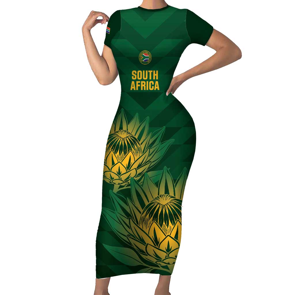 Custom South Africa Cricket Family Matching Short Sleeve Bodycon Dress and Hawaiian Shirt Go Champions Proteas