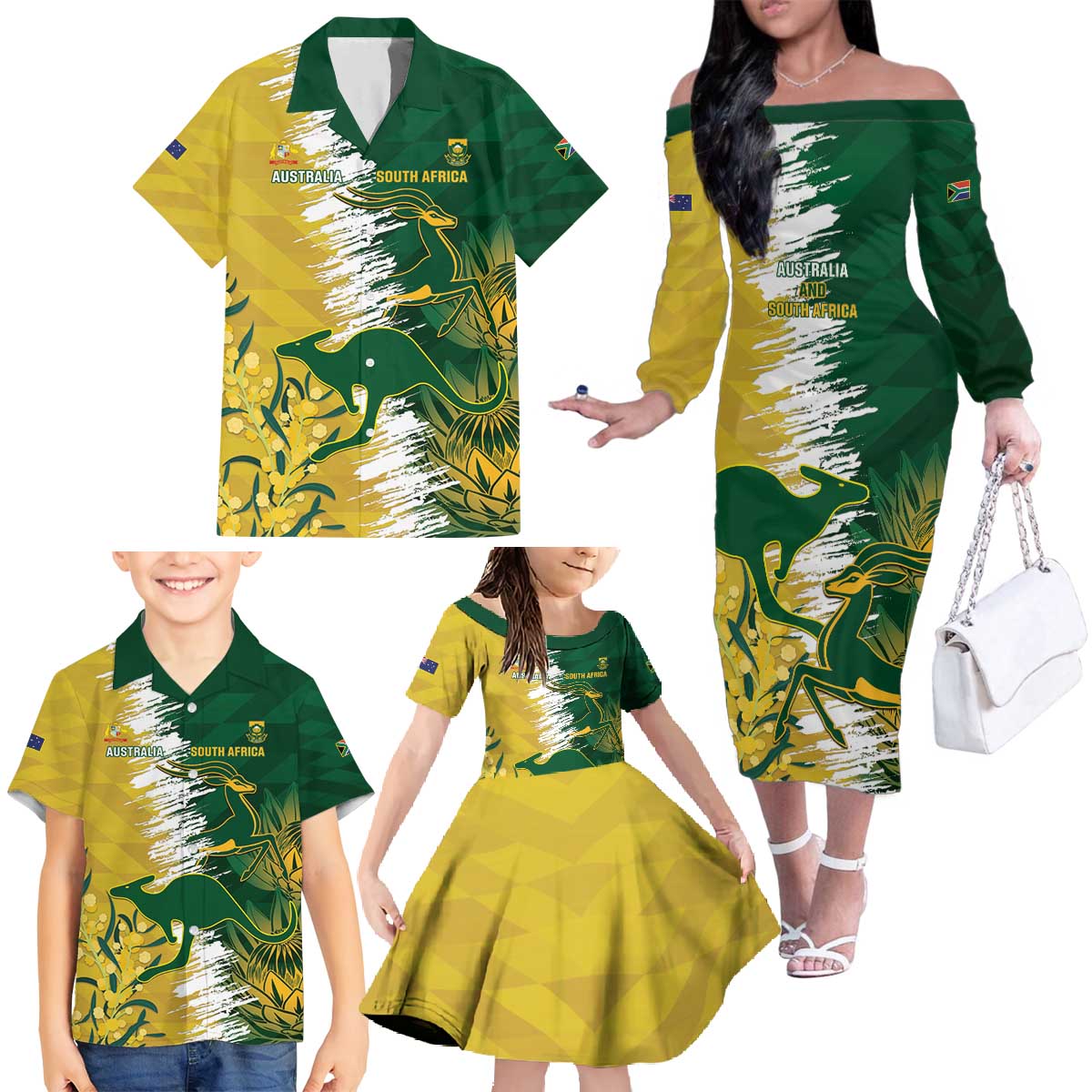 Custom Australia And South Africa Cricket Family Matching Off The Shoulder Long Sleeve Dress and Hawaiian Shirt Aussies Proteas Together