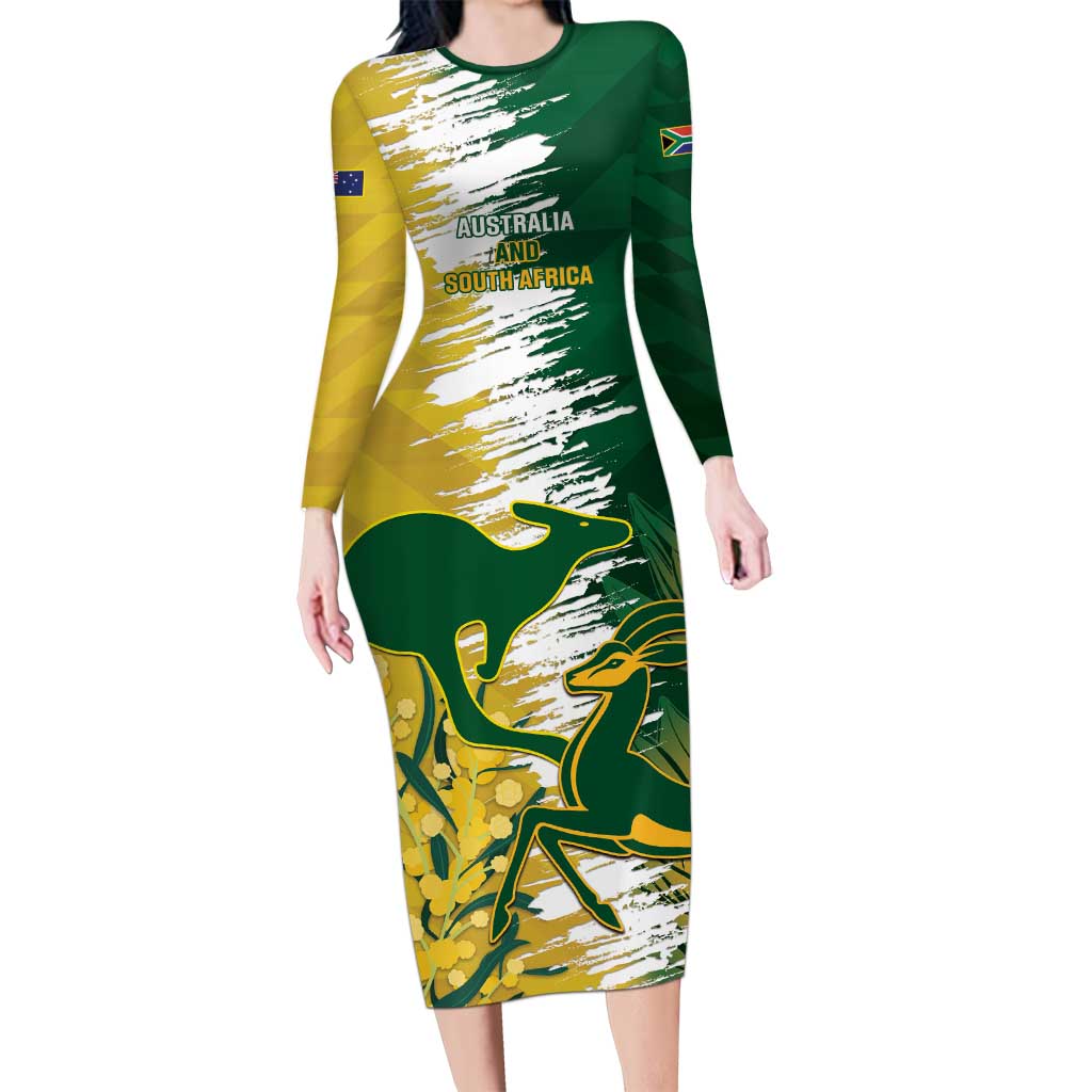 Custom Australia And South Africa Cricket Long Sleeve Bodycon Dress Aussies Proteas Together