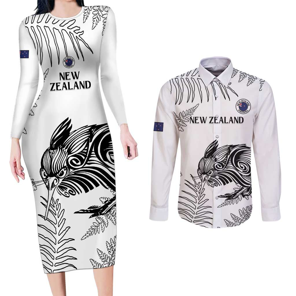 Custom New Zealand Kiwi Football Couples Matching Long Sleeve Bodycon Dress and Long Sleeve Button Shirt Aotearoa Silver Fern