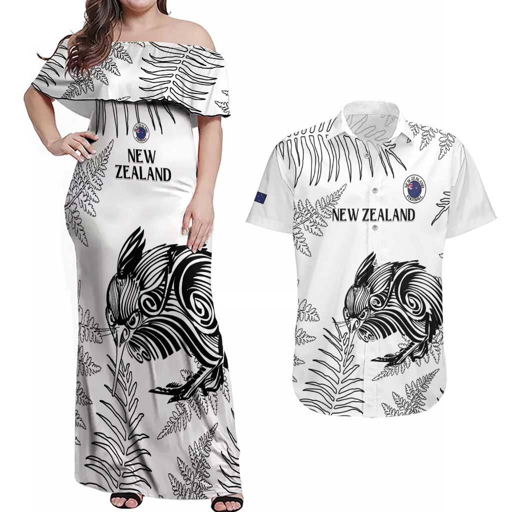 Custom New Zealand Kiwi Football Couples Matching Off Shoulder Maxi Dress and Hawaiian Shirt Aotearoa Silver Fern