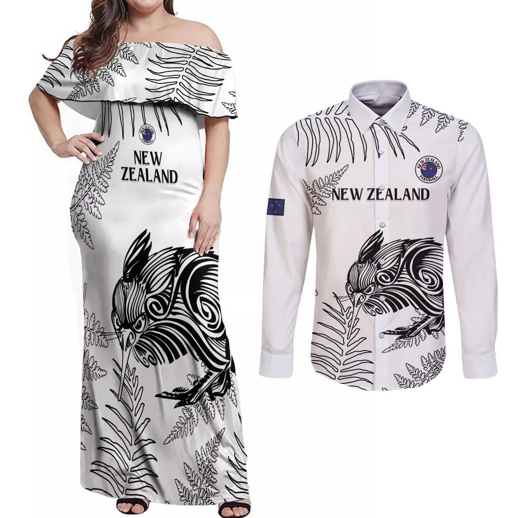 Custom New Zealand Kiwi Football Couples Matching Off Shoulder Maxi Dress and Long Sleeve Button Shirt Aotearoa Silver Fern