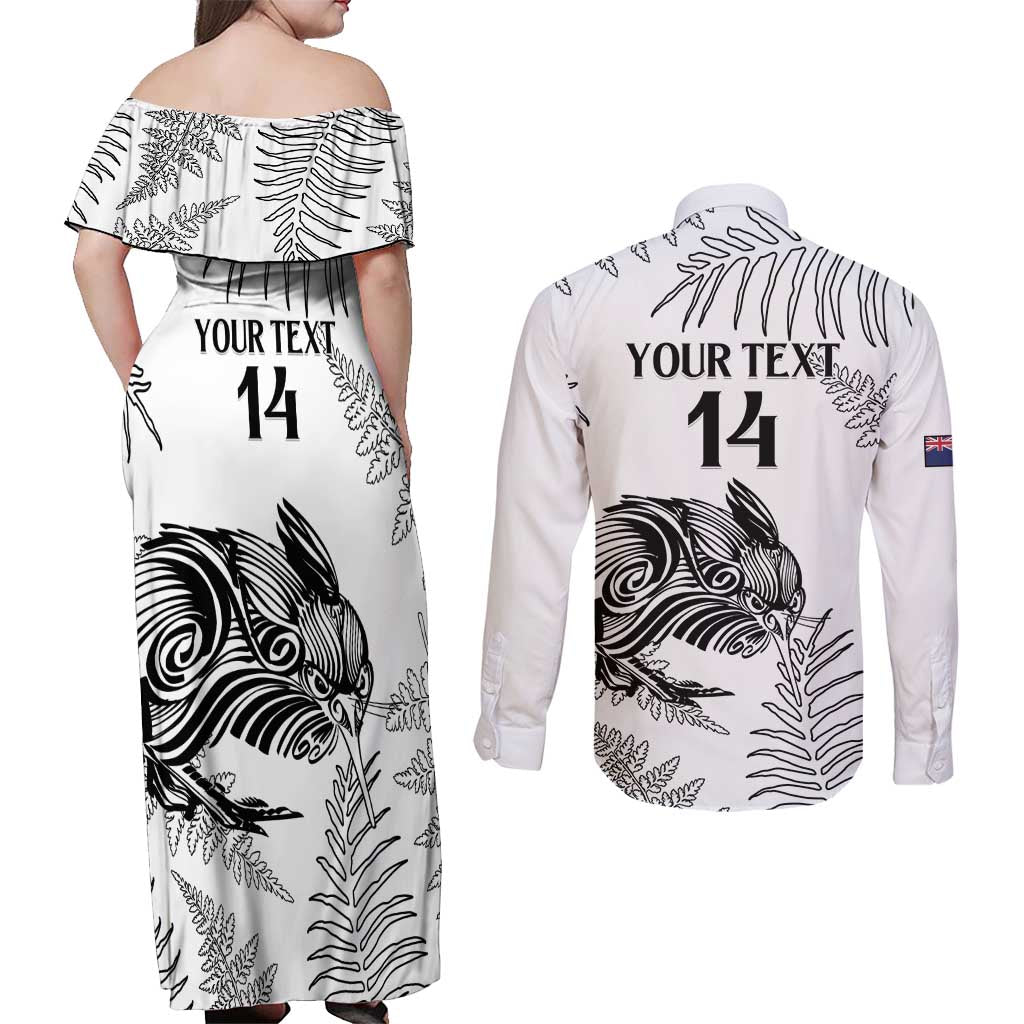 Custom New Zealand Kiwi Football Couples Matching Off Shoulder Maxi Dress and Long Sleeve Button Shirt Aotearoa Silver Fern