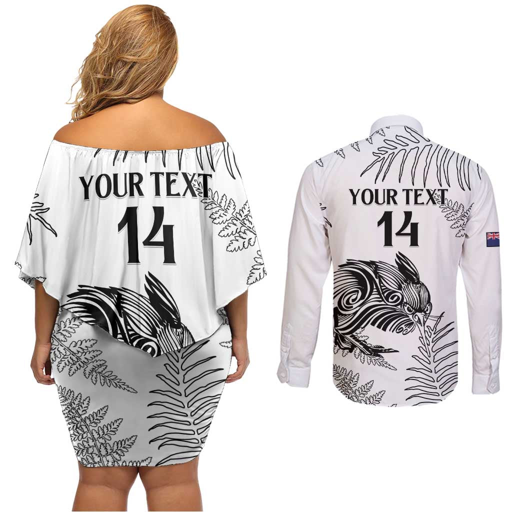 Custom New Zealand Kiwi Football Couples Matching Off Shoulder Short Dress and Long Sleeve Button Shirt Aotearoa Silver Fern