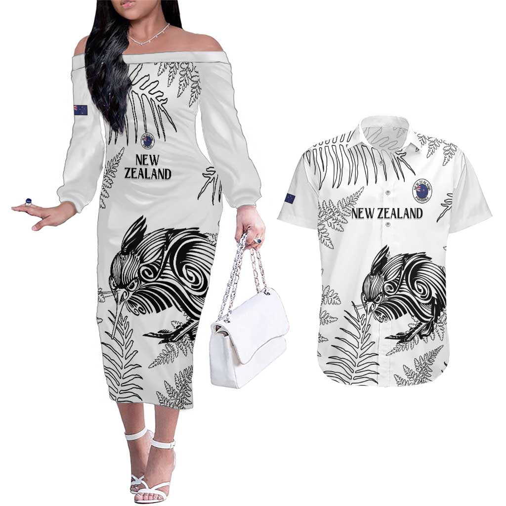 Custom New Zealand Kiwi Football Couples Matching Off The Shoulder Long Sleeve Dress and Hawaiian Shirt Aotearoa Silver Fern