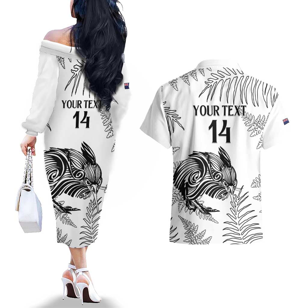 Custom New Zealand Kiwi Football Couples Matching Off The Shoulder Long Sleeve Dress and Hawaiian Shirt Aotearoa Silver Fern