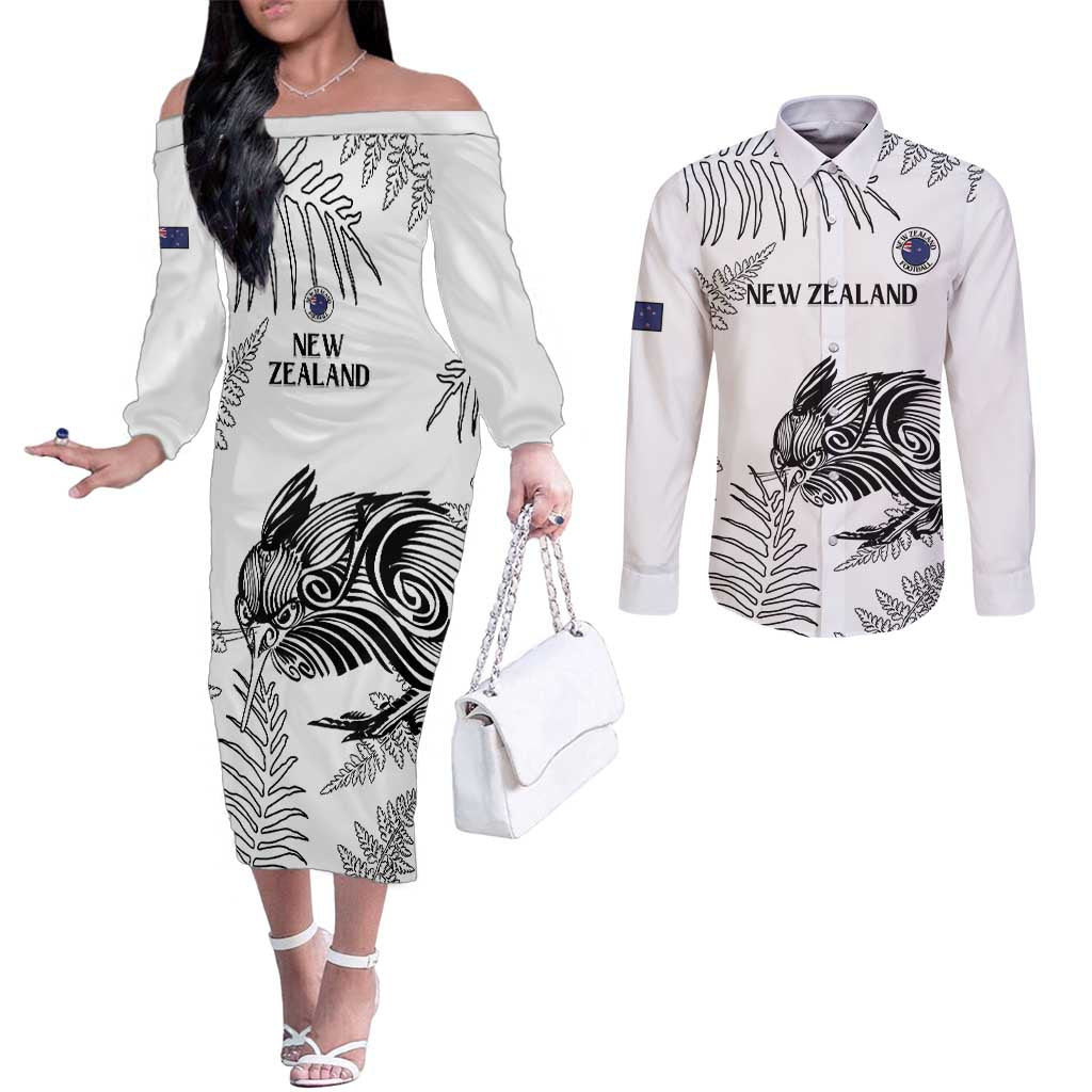 Custom New Zealand Kiwi Football Couples Matching Off The Shoulder Long Sleeve Dress and Long Sleeve Button Shirt Aotearoa Silver Fern