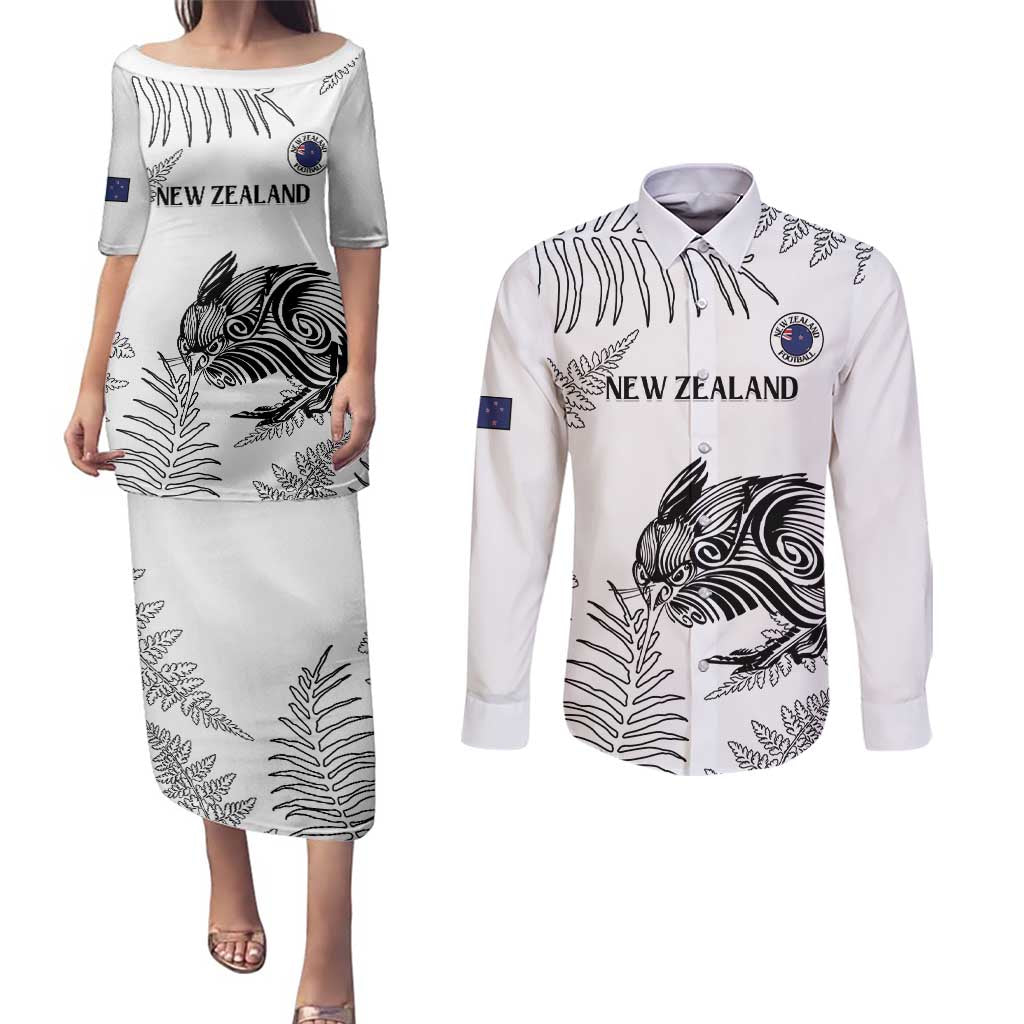 Custom New Zealand Kiwi Football Couples Matching Puletasi and Long Sleeve Button Shirt Aotearoa Silver Fern