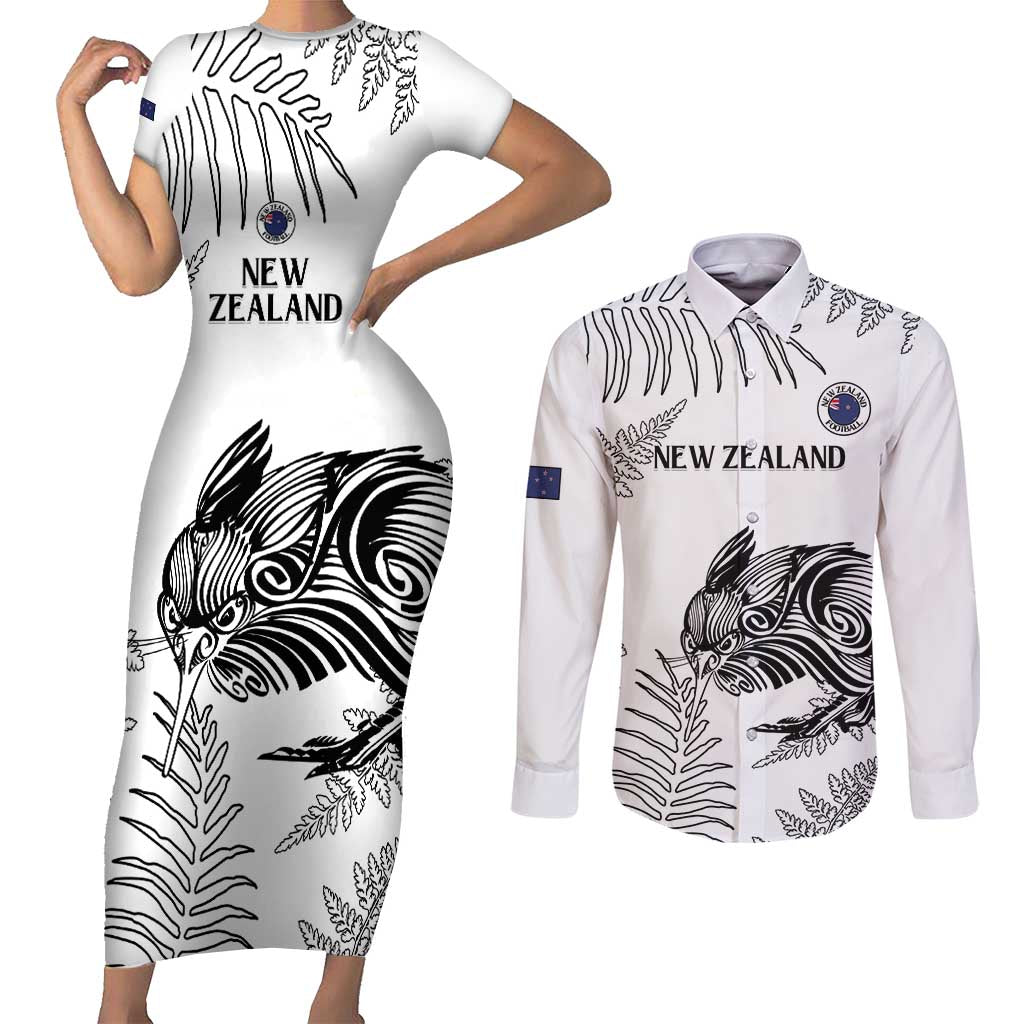 Custom New Zealand Kiwi Football Couples Matching Short Sleeve Bodycon Dress and Long Sleeve Button Shirt Aotearoa Silver Fern